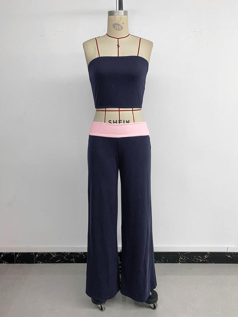 2026 Summer Sweet Cool Two-Piece Set: Color-Block Bandeau Vest and Casual Pants