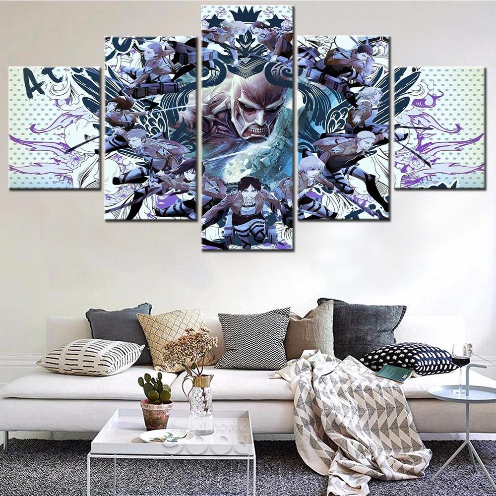 5 Pieces Canvas Wall Art Poster Painting Anime Cartoon Attack On Titan Wallpaper Picture Print Home Decor Living Room Cool Mural