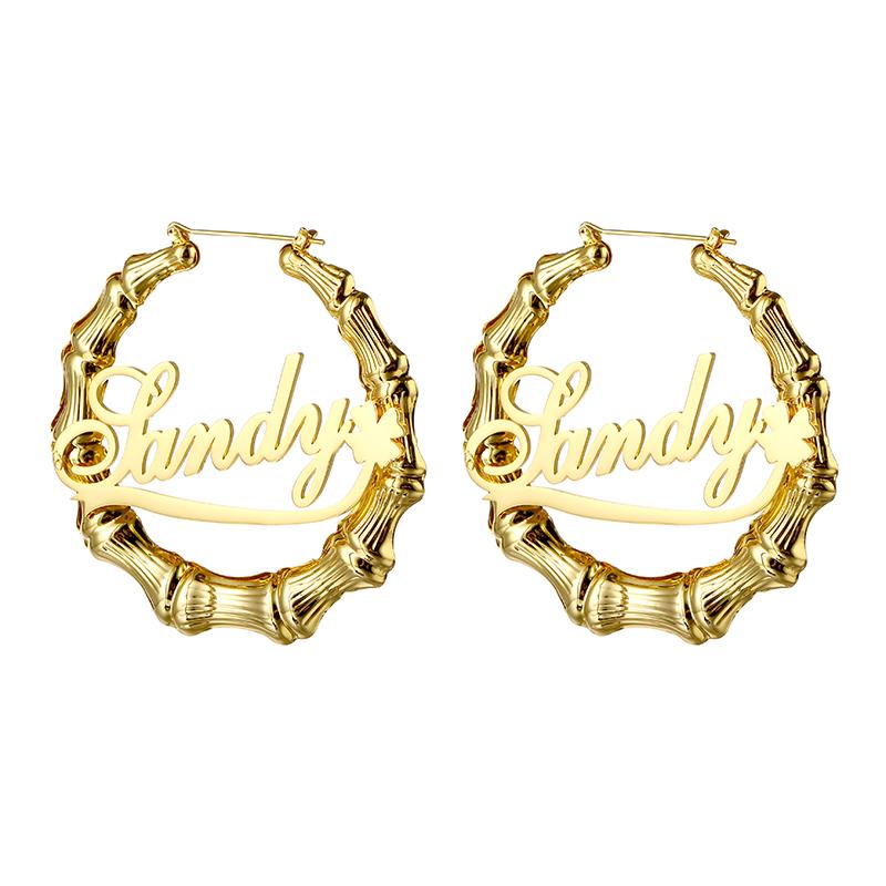 Stainless Steel Gold Plated Personalized Name Letter Big Large Earrings Customized Bamboo Name Hoop Earrings