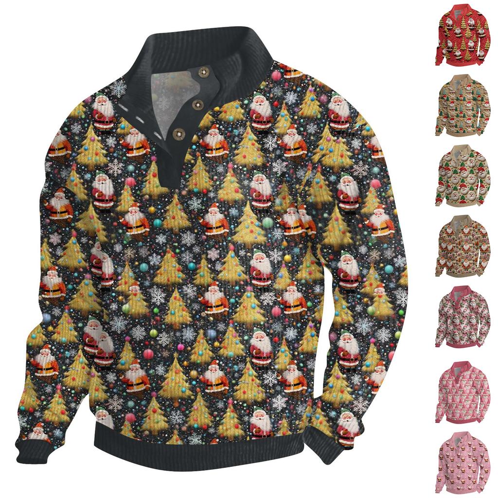 Men's Christmas Cotton Pullover Long Sleeve Outdoor Shirt Vintage Corduroy Button Stand Collar Shirt Casual Sweatshirt Christmas Print Top