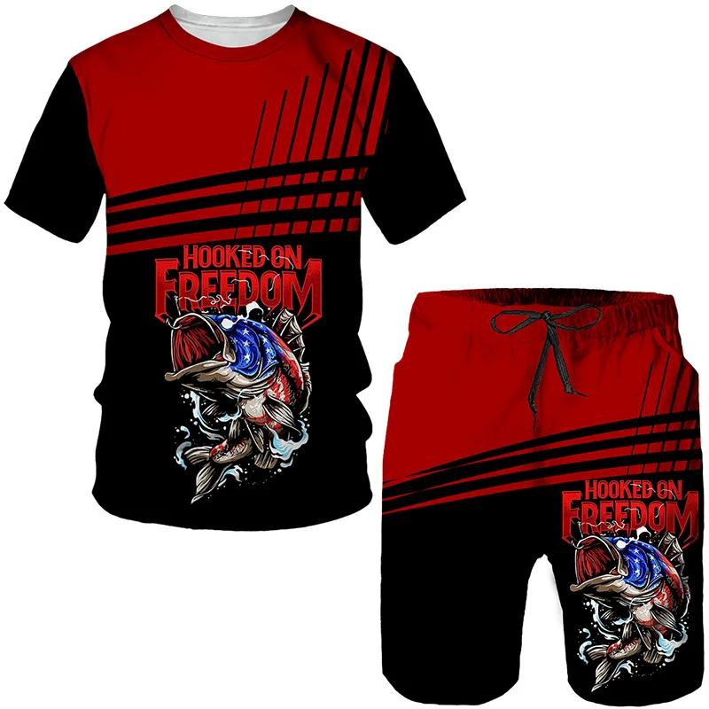 Outdoor Fishing 2 Piece Set Mens Retro 3D Printed Summer Suit Round Neck T-shirt Fashionable Loose Sports Shirt