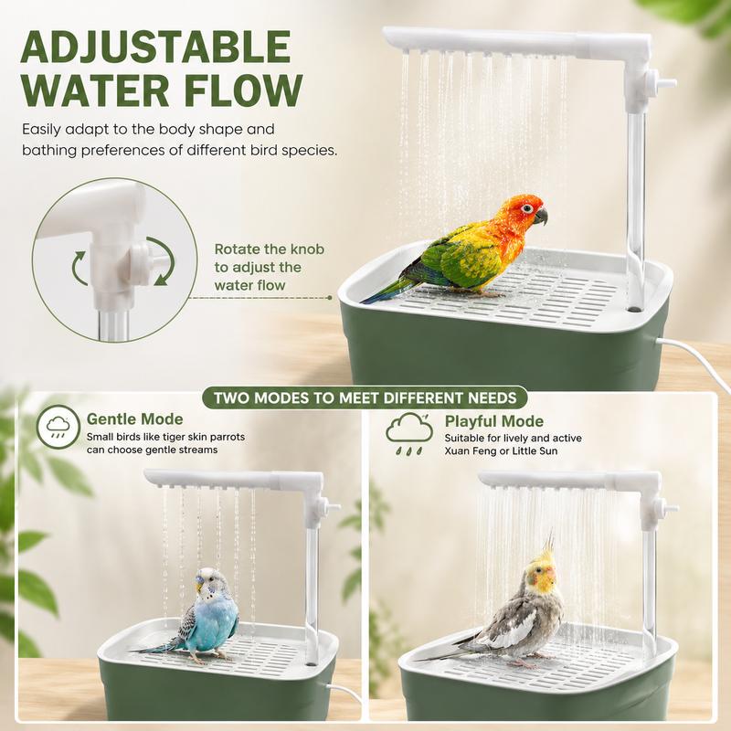 Automatic Bird Bath for Budgies with Pump, USB Rechargeable Parrot Shower Fountain, Adjustable Water Flow Circulation Bathtub, Q