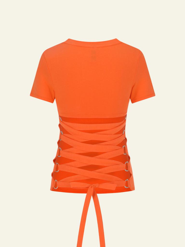 Deoineoseu Lace-Up V-Neck T-Shirt (Orange)