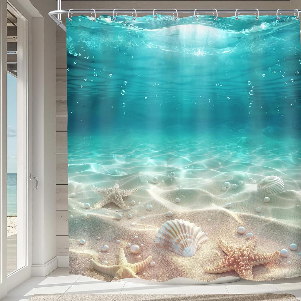 Blue Ocean Shower Curtain with Coastal Sunset Seaside Scenery, Rustic Starfish Shells and Pearls Design Bathroom Set