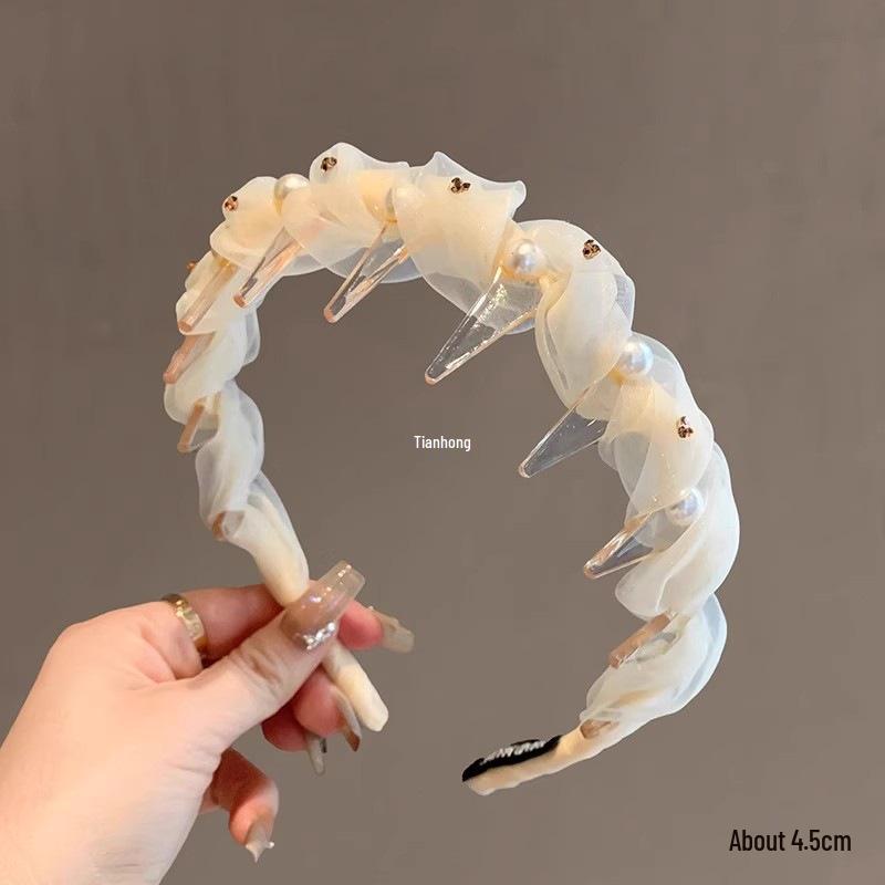 Elegant High Crown Faux Pearl Headband with Feminine Net Yarn