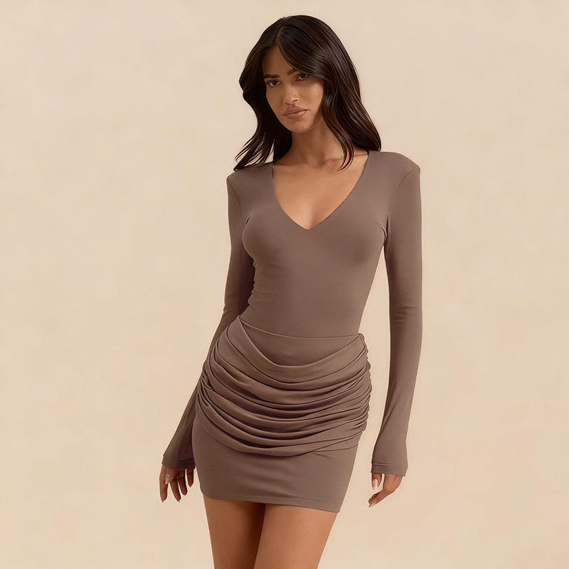 

Women s Sexy Solid V-Neck Long Sleeve Slim Fit Shirring Waist Dress for Autumn and Winter Large світло-коричневого кольору