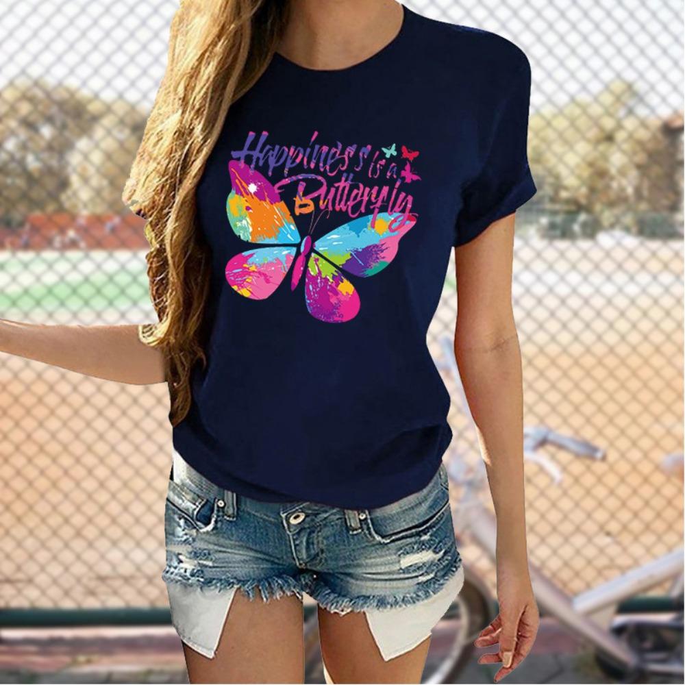 

Europe and United States Summer Women s Round Neck Butterfly Print Short-sleeved Women s T-shirt Tops Oversized 6XL
