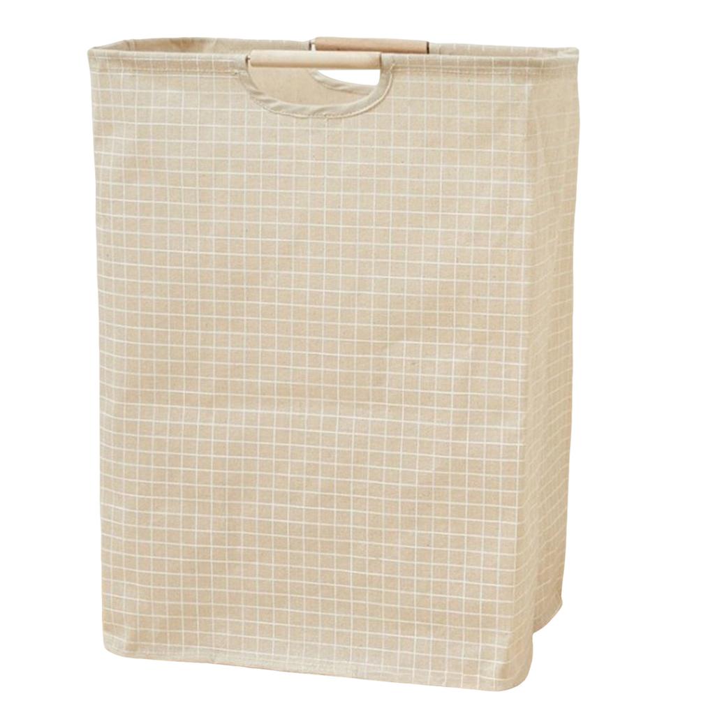 Foldable Cotton Linen Laundry Basket with Wooden Handles Waterproof Lining for Home Bedroom Bathroom Storage