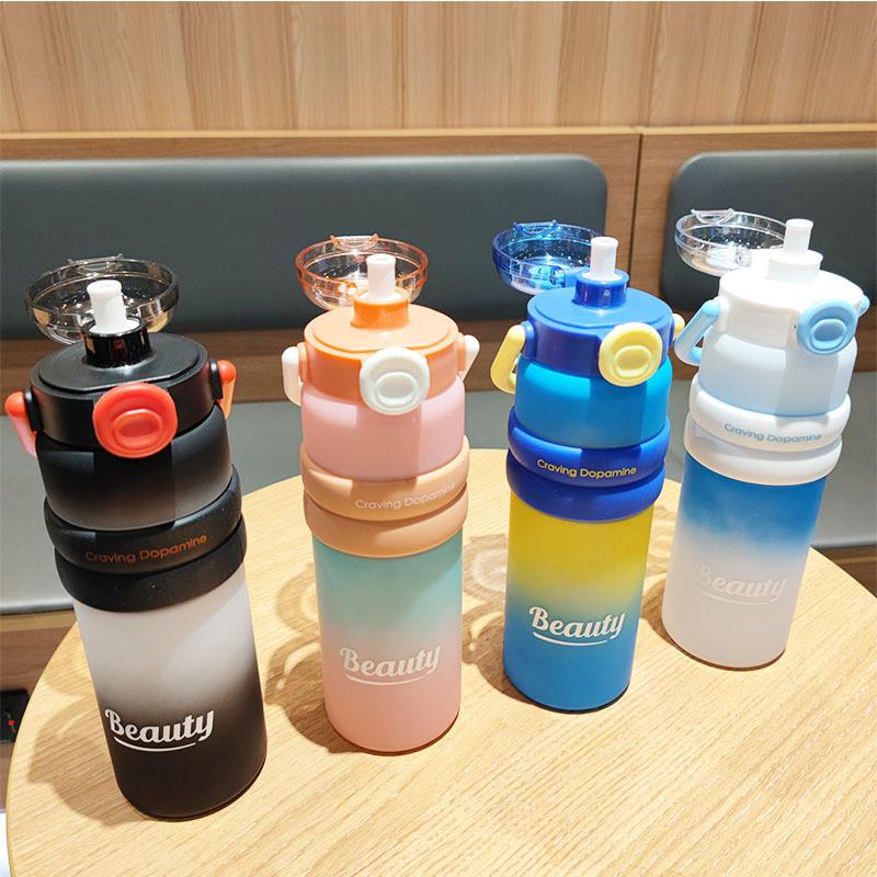 Gradient Color Plastic Drinking Bottle With Straw For Travel And Sports