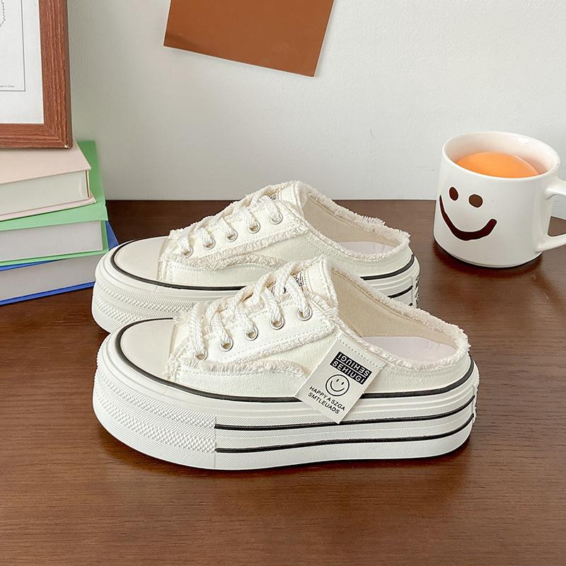 

Thick-soled bag head slippers for women s summer wear 2025 new canvas shoes without heel versatile lazy half drag ins tide 35 бежевий