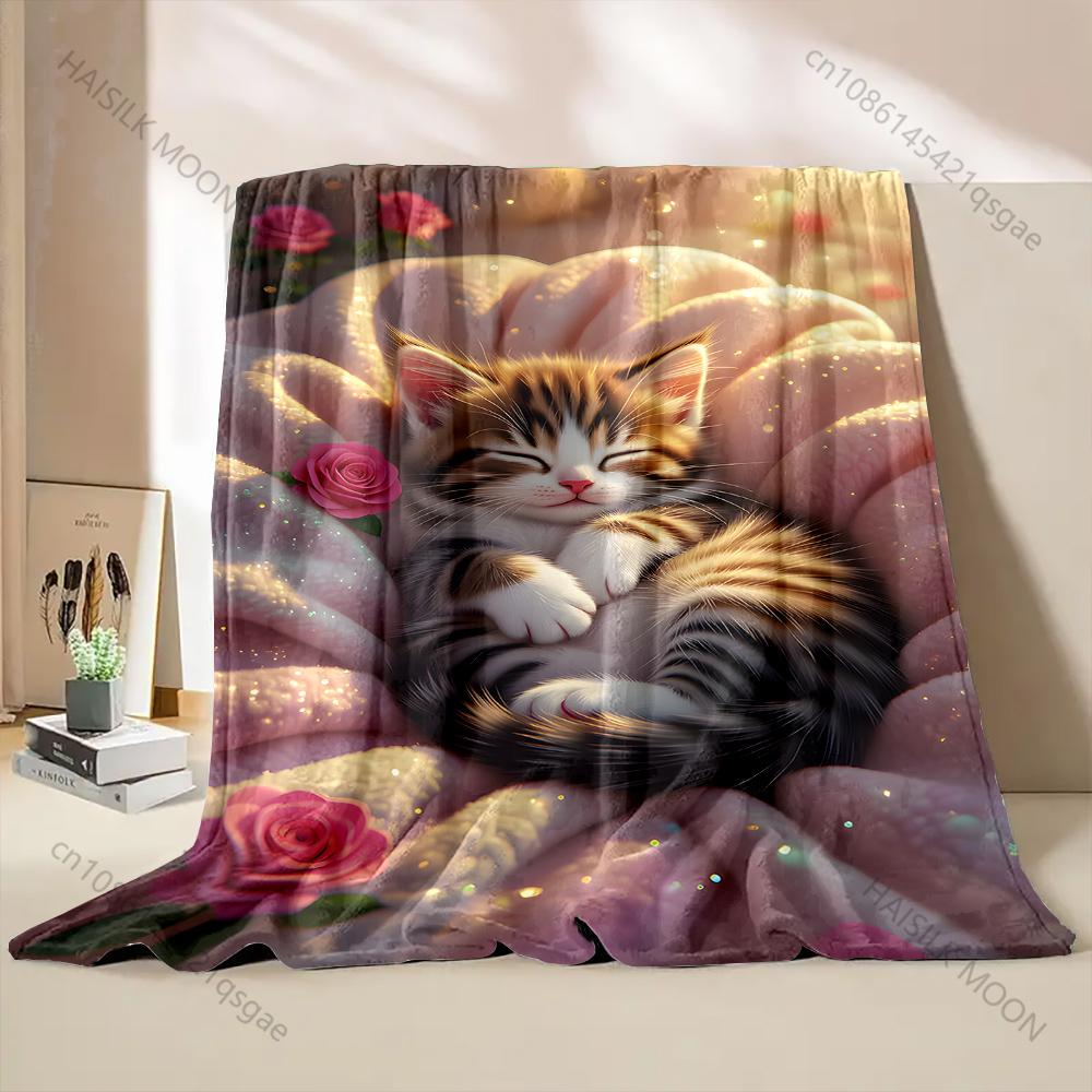 Sleeping kitten with pink roses Print Blanket Warm Soft Fluffy Kids and Adult Sofa Bed Throw Blanket for Home Travel Camping
