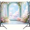 2D Pastel Blue Window Backdrop, Pink Flowers & Cloudy Sky Background
