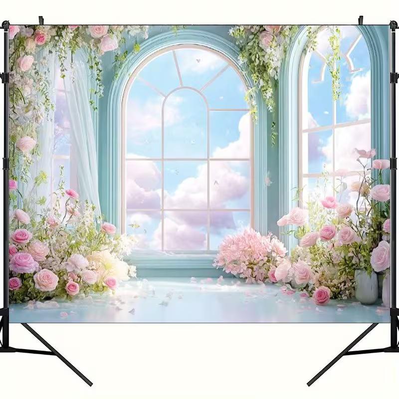 2D Pastel Blue Window Backdrop, Pink Flowers & Cloudy Sky Background