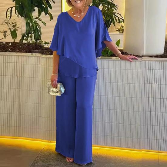 Summer Two Piece Outfit with V-Neck Layered Top and Wide Leg Pants