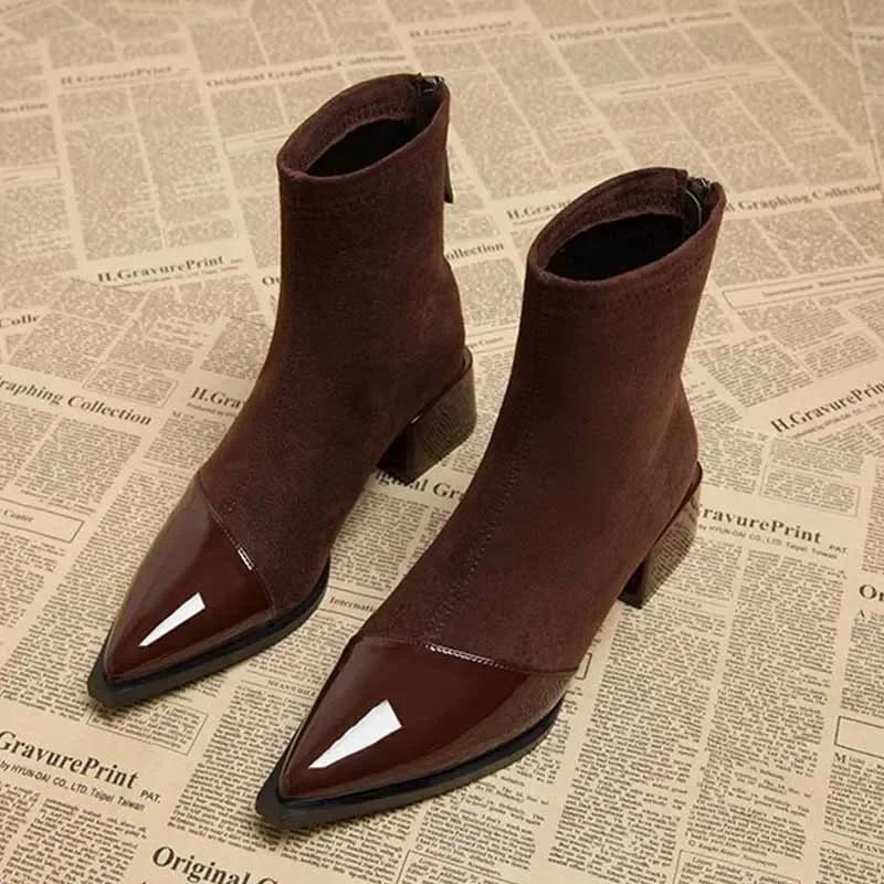 Ankle Boots Women Chunky Mid Heels Suede Shoes Woman Pointed Toe 2025 Trend Winter New Goth Walking Snow Chelsea Botas De Mujer