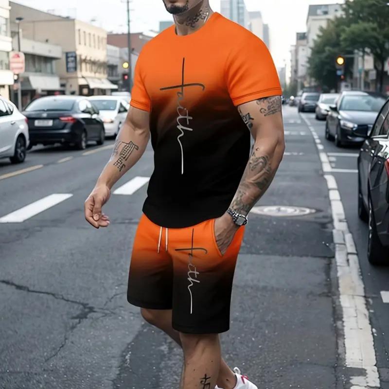 Gradient Men's Suit Casual New Short Sleeve With Shorts 3d Letter Faith Printed T-Shirt And Drawstring  Shorts 2-Piece Sets