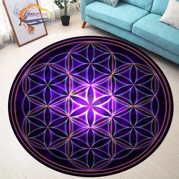 Sacred Planet Geometrie Flower of Life Kulaté koberce Podložka na jógu Polštář Obývací pokoj Ložnice Koberec pro pracovnu Potisk Protiskluzová židle