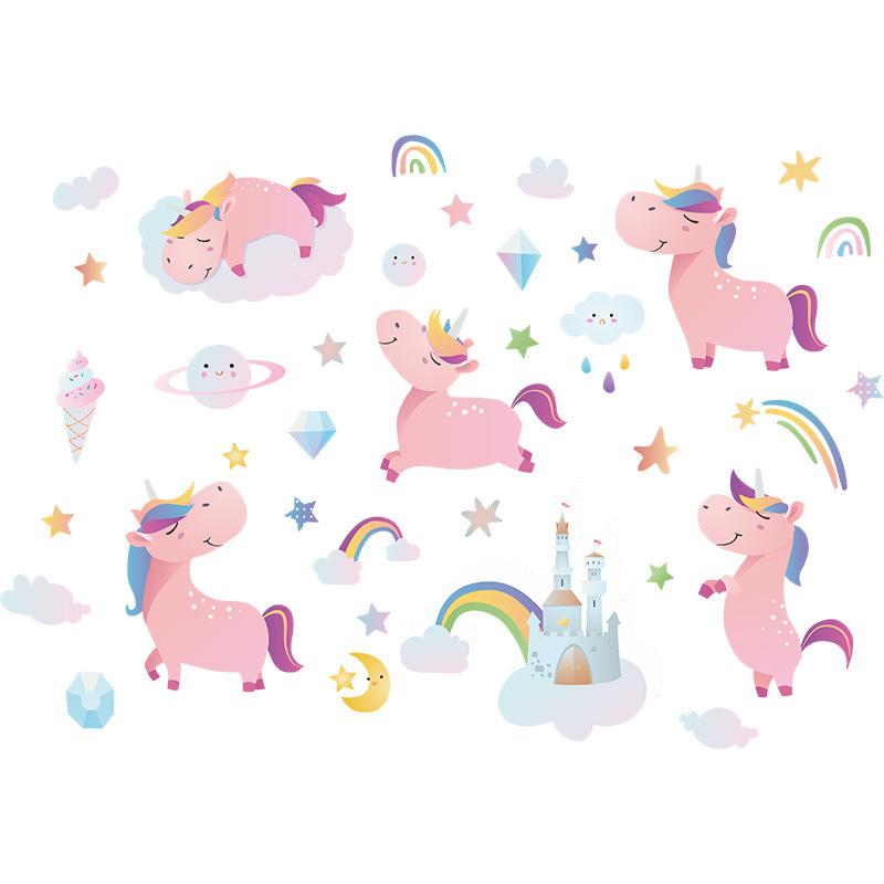 

HY4020 4Pcs/Set Cartoon Pink Horse with Rainbows Wall Stickers DIY Mural Art Decor for Kids Room Girl Bedroom Wall Decals (No EN71 Certification) Type A