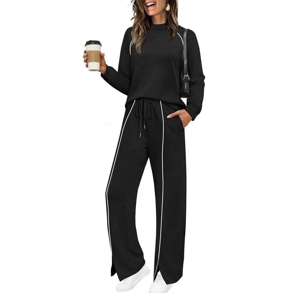 Women's Fashionable Solid Color Round Neck Long Sleeved Pullover Sweatshirt With Elastic Waistband And Split Hem Casual Sweatpants Two-piece Set
