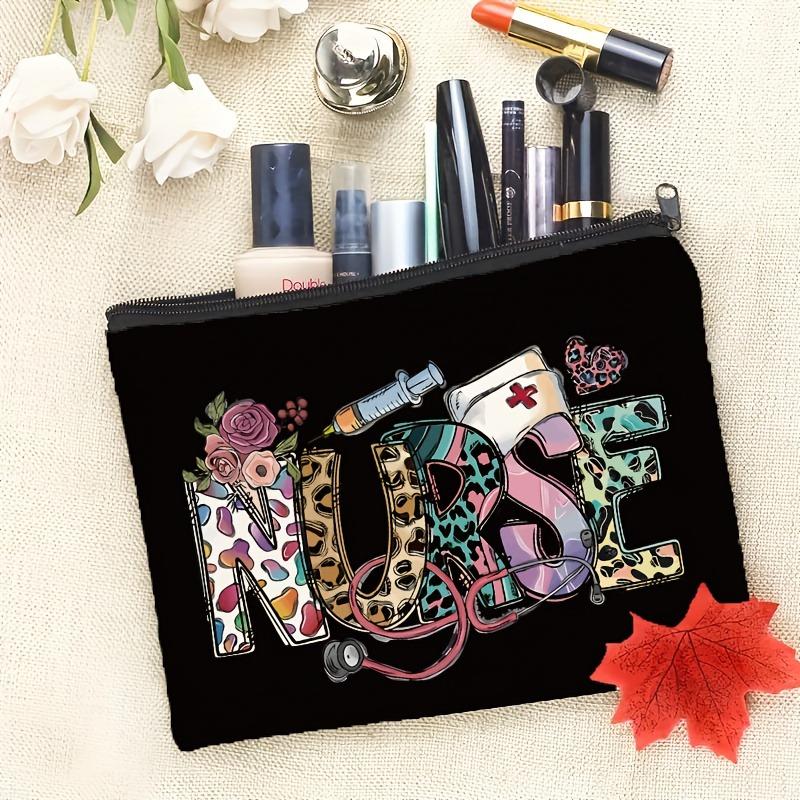Chic Leopard Print Nurse Makeup Bag Gift for Nurses Polyester Portable Storage Bag Travel Cosmetic Pouch