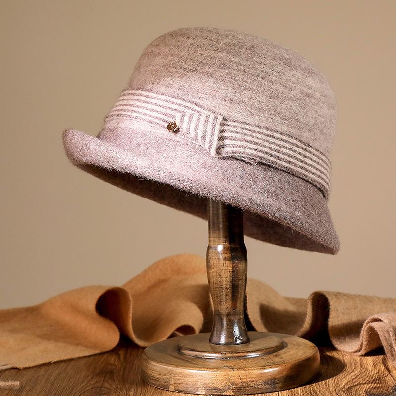Autumn and winter crimped knitted wool basin hat contrasting stripes women's retro casual warm top hat elegant bucket hat