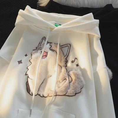 Damen-Kapuzenpullover mit Kätzchen-Stickerei für Frühjahr und Herbst 2024 – Lazy Chic-Stil für Paare