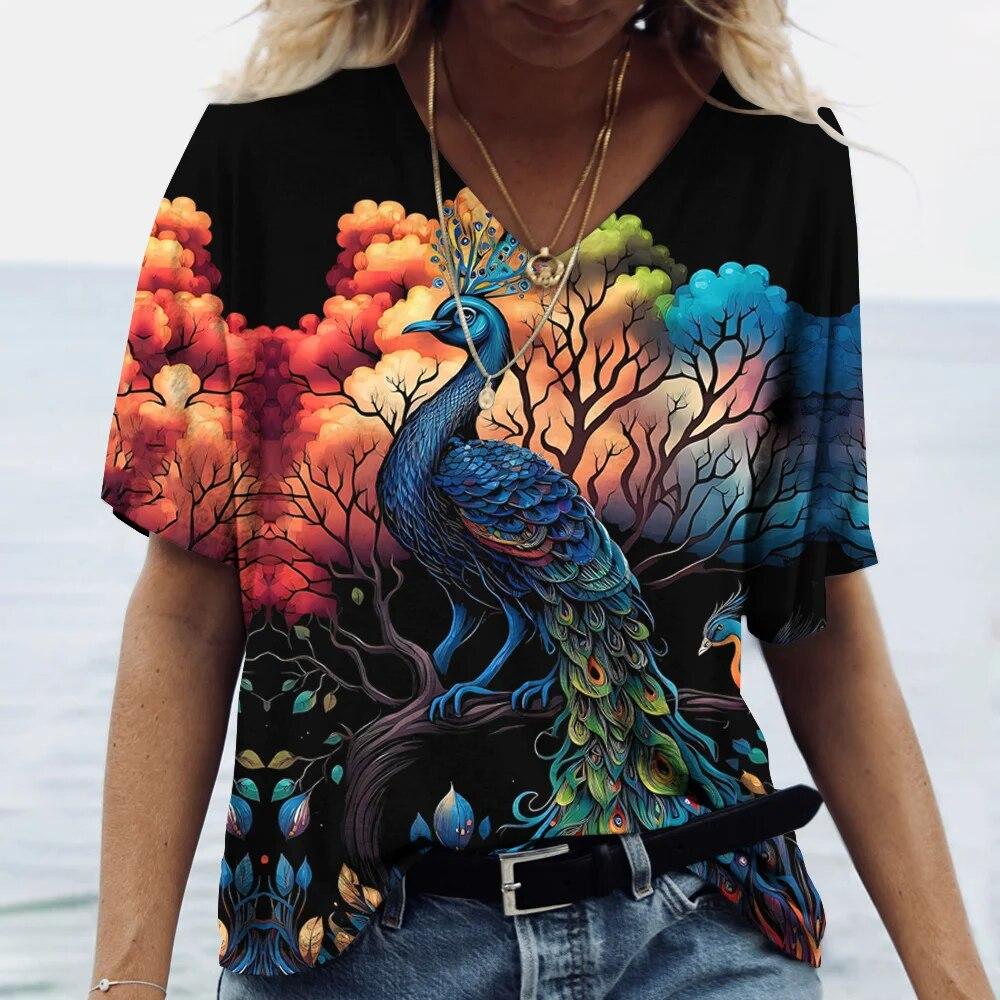 Women's V-Neck T-Shirt Peacock 3D Print Casual Fashion Summer Pullover Short Sleeve Harajuku Oversized Tops Tees For Ladies