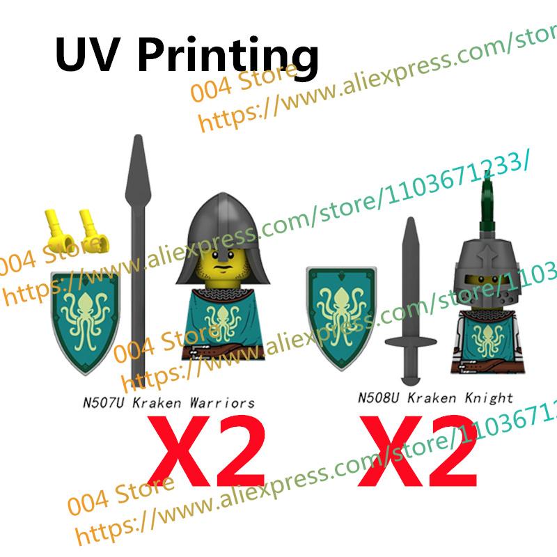 N511U-518U N335-337 Mittelalterliche Burg Ritter Bausteine Figuren Vierseitiger UV-Druck Waffen Zubehör Spielzeug Kindergeschenke F030