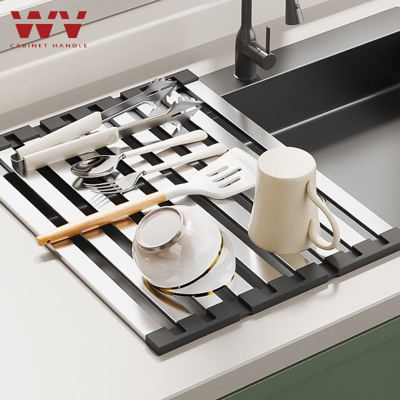WV 304 Stainless Steel Kitchen Sink Drain Rack Sink Bowl Dish Storage Rack Foldable,Anti-scald Retractable Drain Basket Shelf