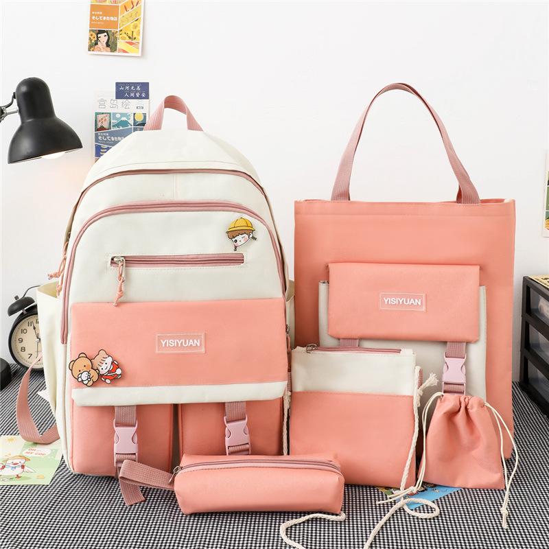 School Bag New Five-piece Set, Primary School Students, Middle School Students, School Bags, Women's Contrasting Colors