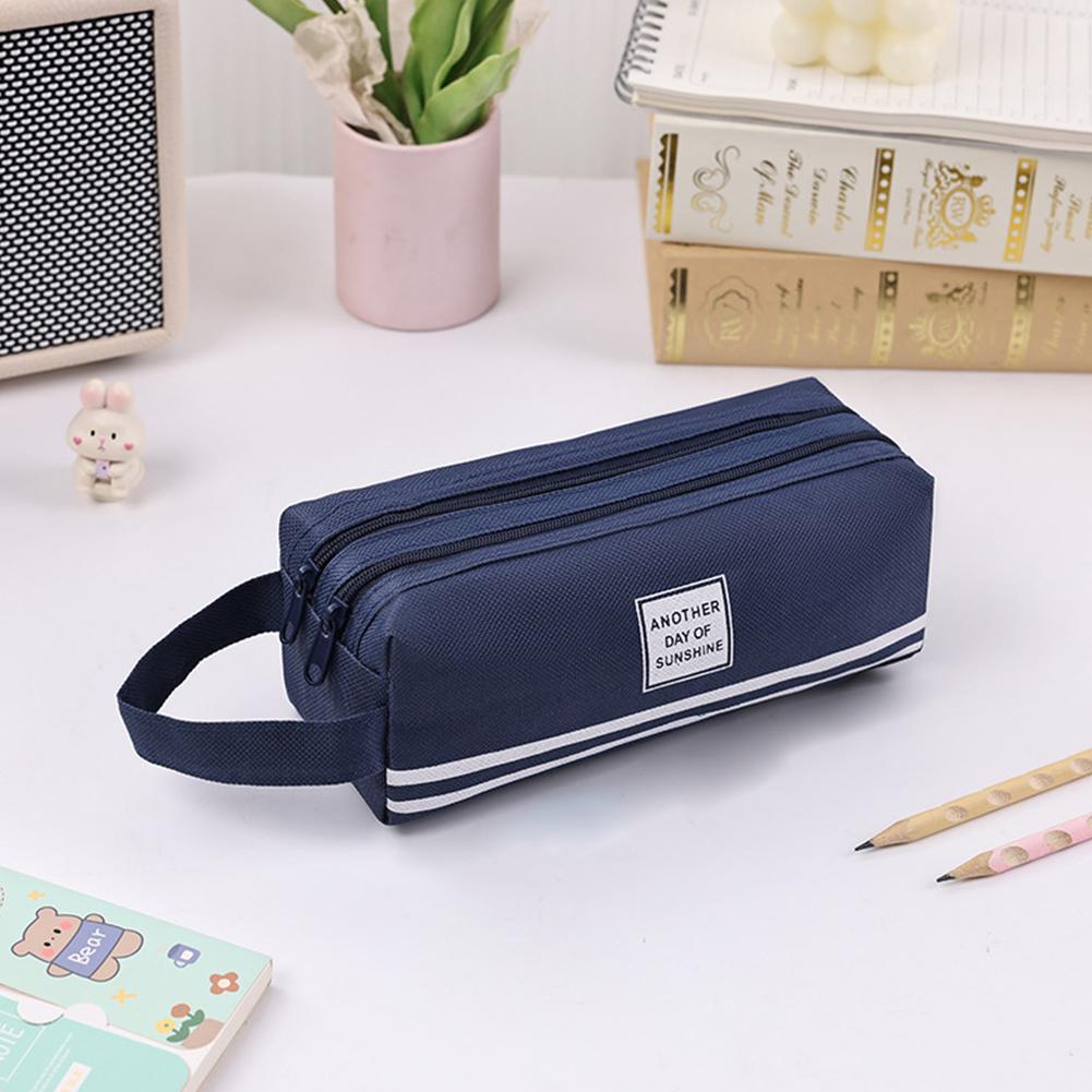 Large Capacity Double Layer Pencil Case Solid Color Simple Cute Oxford Cloth Pencil Bag Portable School Stationery Storage