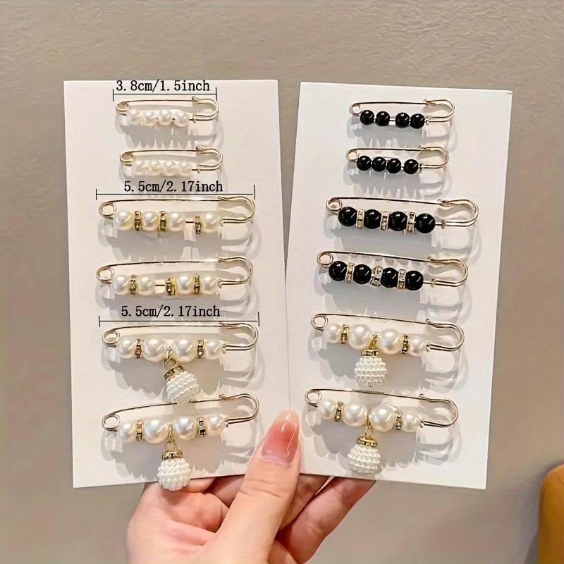 12-Piece Set of Elegant Artificial Pearl Brooches: Versatile Black and White Chic Safety Pin Accessories for Any Outfit