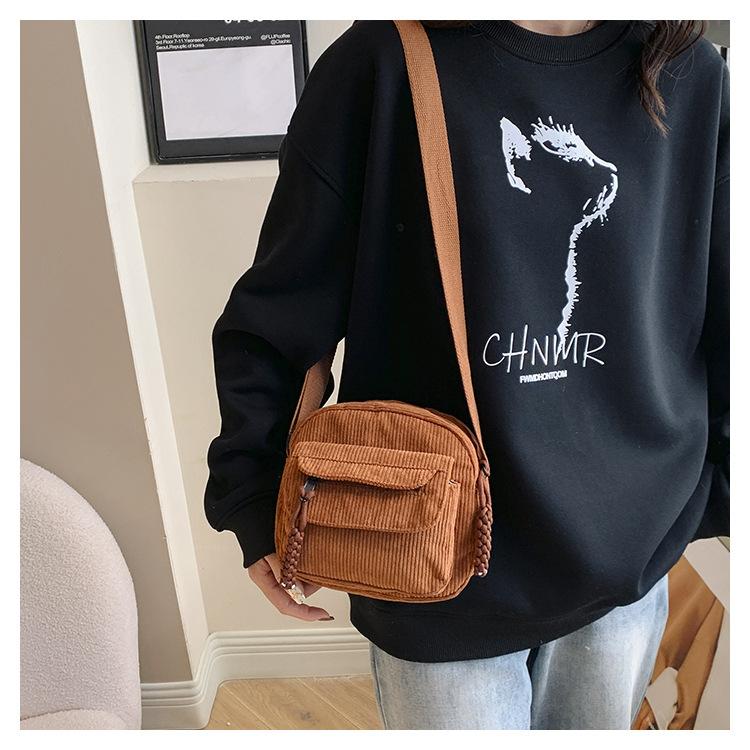 Corduroy Simple Solid Color Strip Velvet Bag Women'S Bag Winter Round Striped Shoulder Underarm Bag