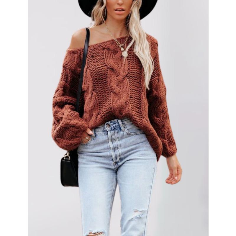 Autumn and Winter New Street Style One-word Collar Twist Pullover Loose Large Size Sweater Women