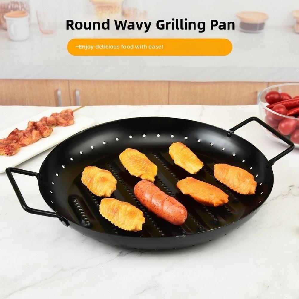 Round Wave Grill Tray for Outdoor Picnic Camping Non BBQ Cooking Basket Portable Carbon Steel Barbecue Grill Pan 37.1x30x4cm