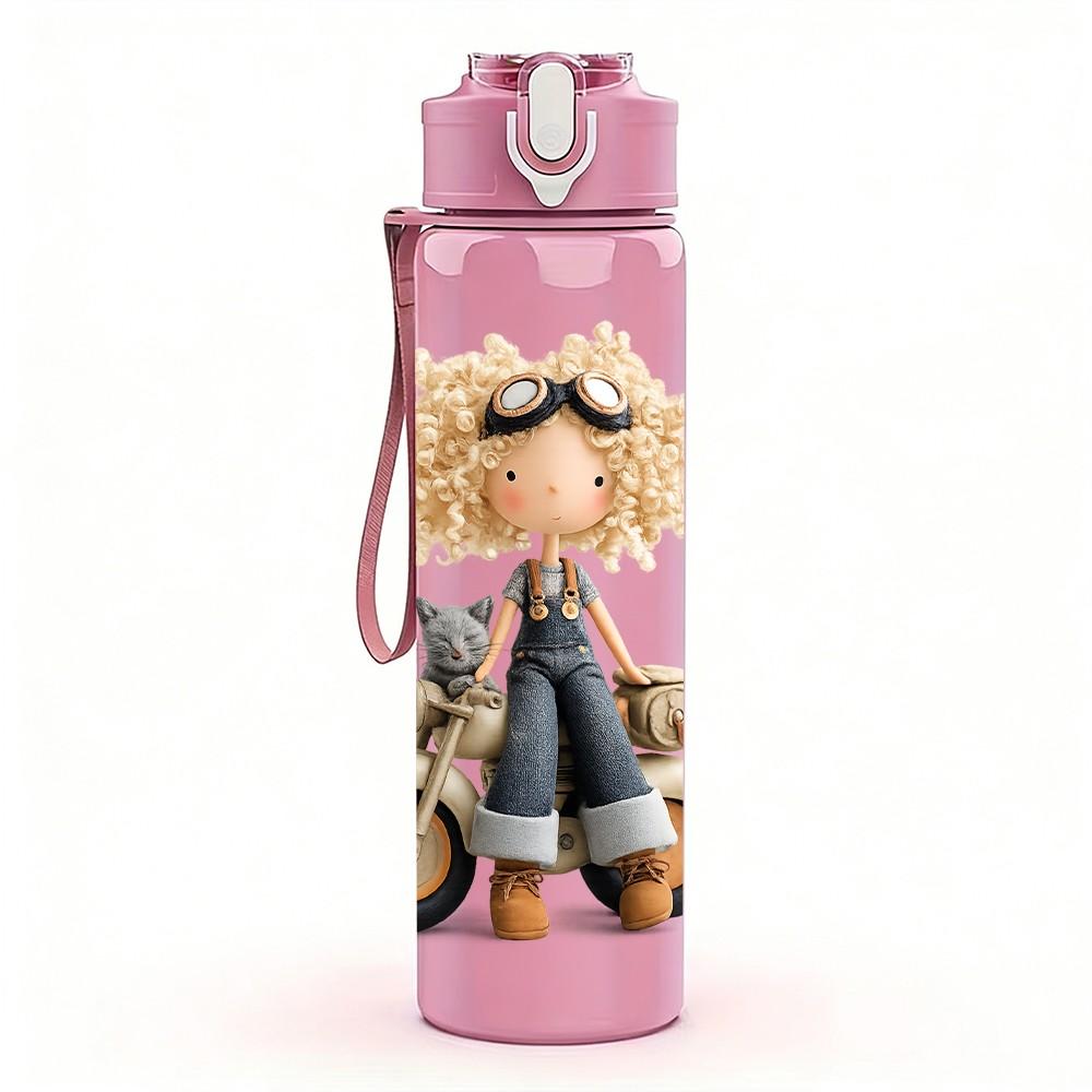 1PC Rag Doll Girl Ride Tiny Bike Print 750ml Color Plastic Sports Water Bottle Leakproof Flip Straw Lid Suitable for Sports Office Home Use