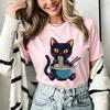 Women Cute Black Cat Eating Ramen Graphic T Shirt Kawaii Japanese Anime O-Neck Short Sleeve Summer Casual Streetwear Tee Tops