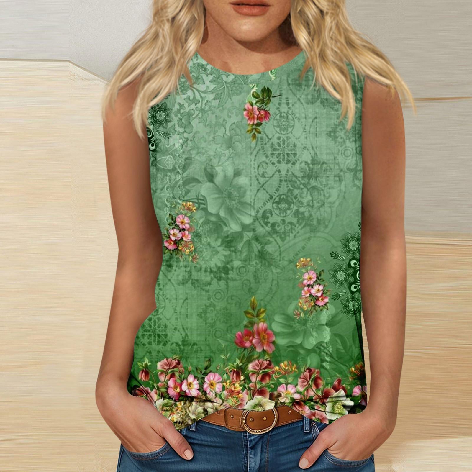 

Женские повседневные топы-туники для ношения с леггинсами Летние рубашки без рукавов с принтом Майки Блузки M зелёный