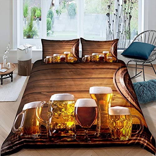 Beer Duvet Cover Set Two Beer Mugs White Foam Bedding Set 3pcs for Kids Golden Drinks Comforter Cover Soft Polyester Quilt Cover