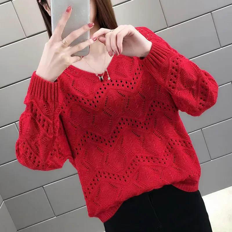 

Тонкий порожній трикотажний пуловер, сорочка з V-подібним вирізом, весняно-осінній топ, універсальний жіночий светр вільного крою XL червоний