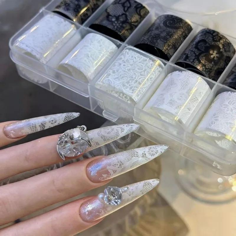 10rolls Black White Lace Nail Foils Stickers Sexy Flowers Design Nail Arts Decals Nails Salon Adhesive DIY Manicure Styling Tool