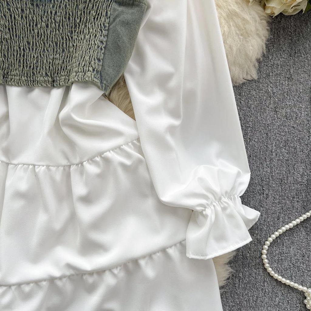 Koreansk Seriekläder Återupplivande Tvådelat Set Topp Retro Kort Jeansväst Trendigt Allmatchande Mellanlångt Skjortset