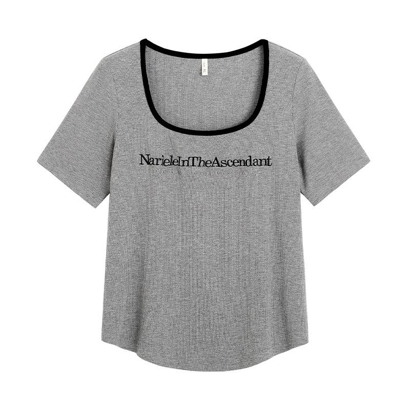 Plus Size Square Neck Embroidered Slim Fit Irregular Summer Top for Women