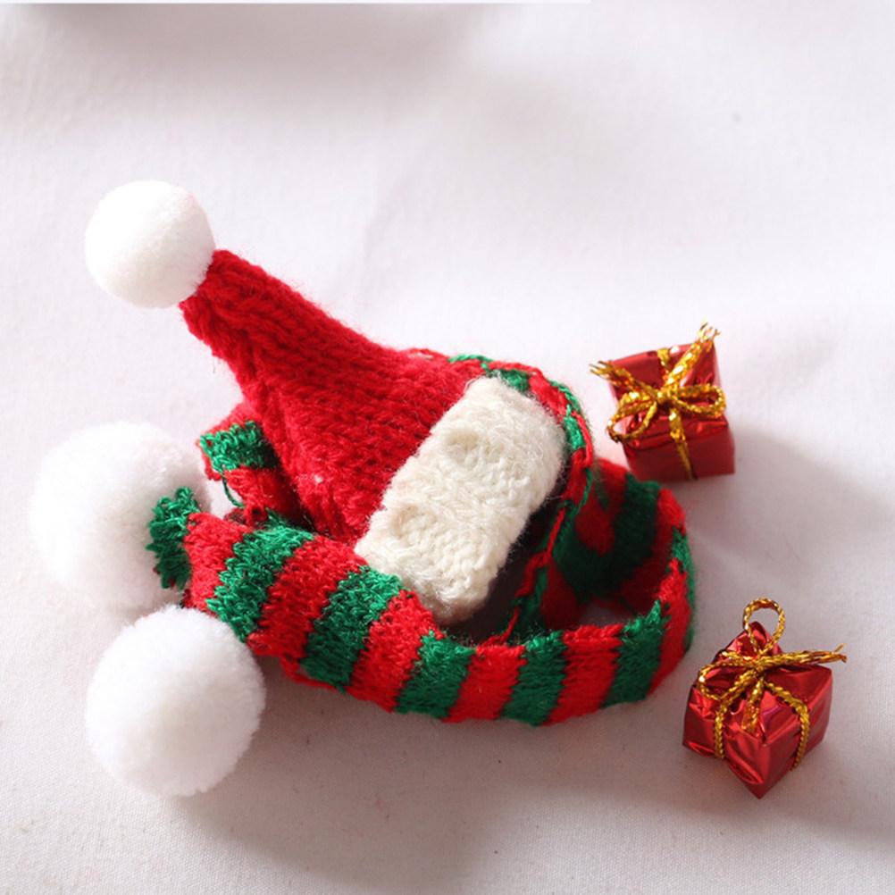 1Set Mini Christmas Hats and Scarves Set Bright Color Knitted Stretchable Holiday Decor for Miniature DIY Craft Photo Prop