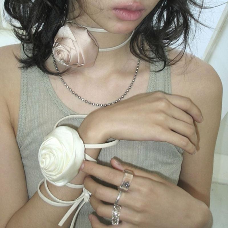 Fashion Silk Rose Flower Choker Necklace Long Lace-up Choker Temperament Neckband Jewelry Clavicle Chain Necklace