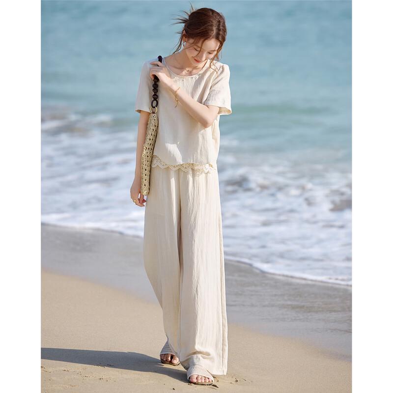 Women's Lyocell Blend Lace Spliced Top & Wide-Leg Pants Set