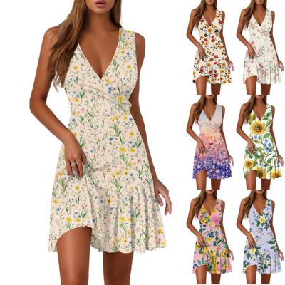 Ladies Casual Fashion V-Neck Sleeveless  Print Dress