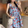 Retro fungus edge floral dress suspender dress women's summer loose and thin seaside vacation wind sweet short skirt