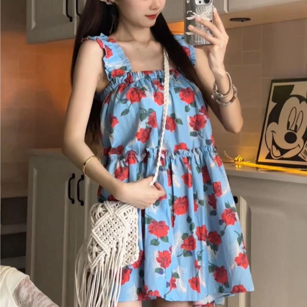 Retro fungus edge floral dress suspender dress women's summer loose and thin seaside vacation wind sweet short skirt
