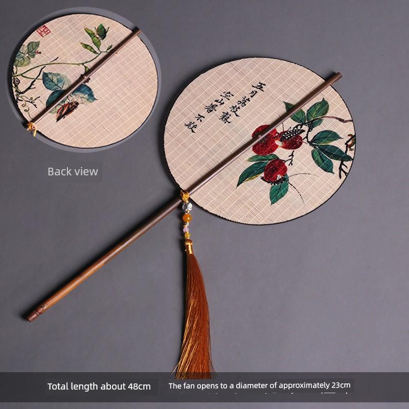 Handmade Waist Fan Antique Fan Han Chinese Clothing Cheongsam Rolling Long Handle Circular Fan Chinese Wind Long Tassel Double-Sided Old Bamboo